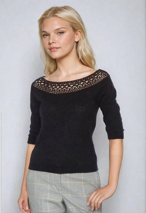 Marilyn Monroe-inspired off the shoulder black sweater top with lace neck, perfect for stylish outfit ideas.
