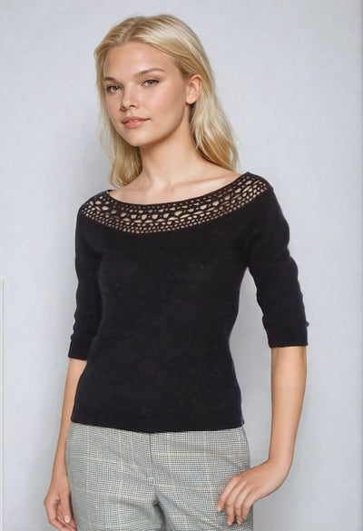 Marilyn Monroe-inspired off the shoulder black sweater top with lace neck, perfect for stylish outfit ideas.