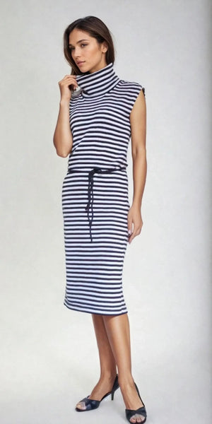 Black and white striped turtleneck dress replica inspired by Marilyn Monroe's iconic 1954 Palm Springs photoshoot.