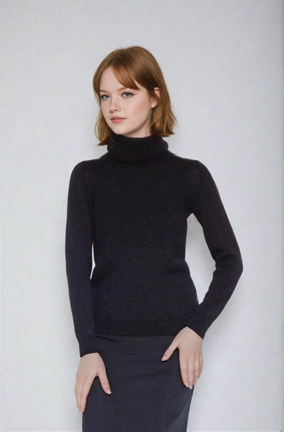 Model wearing a fitted black turtleneck sweater made from mohair, wool, and acrylic yarns, showcasing timeless elegance.