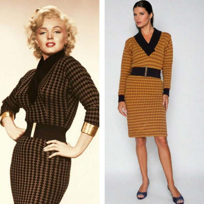 Marilyn Monroe in a black and brown check dress alongside a modern A-line version with shawl collar and belt.