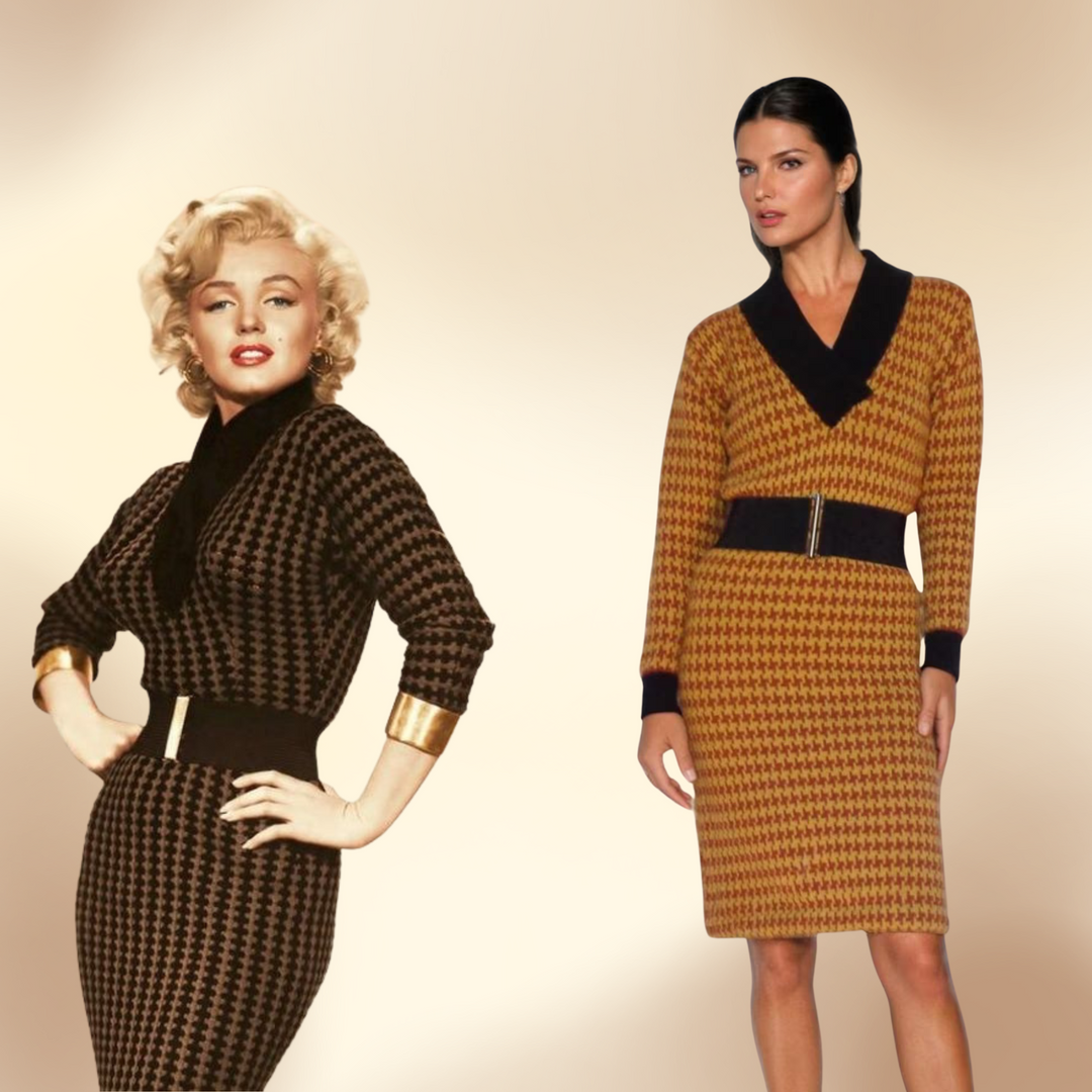 Bodycon Houndstooth Dress V Neck Long Sleeve