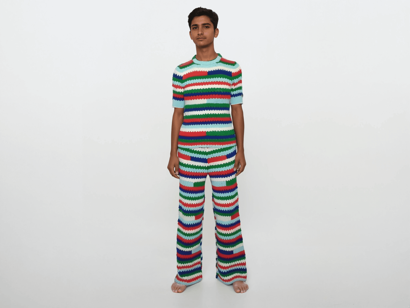 Mens Outfits Knitted Stripe Crochet Classic Two Piece Set Knit Short Sleeve