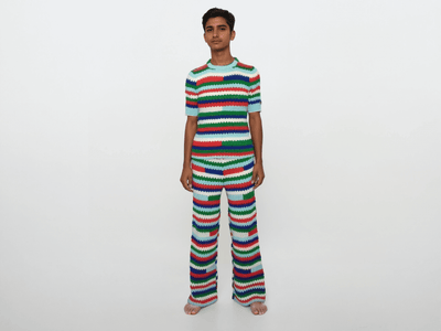 Mens Outfits Knitted Stripe Crochet Classic Two Piece Set Knit Short Sleeve