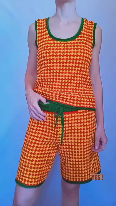 Colorful 2-piece knit set for women featuring checkered tank top and shorts in vibrant yellow, red, and green tones.