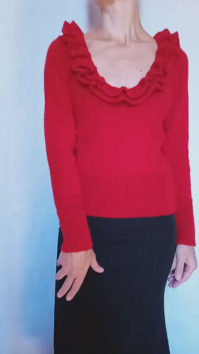 Twin Peaks Audrey Horne inspired red ruffled sweater, scoop neck, handmade pullover, perfect for Halloween outfits.