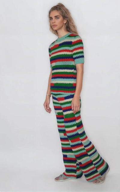 Multicolor striped two-piece pants set for women, featuring a knitted crochet design, perfect matching sets summer, teal outfits.