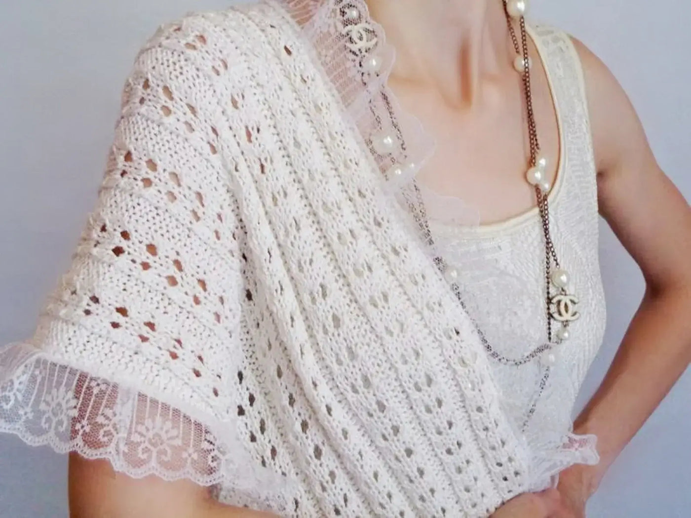 Cream ruffle scarf lace hand knit