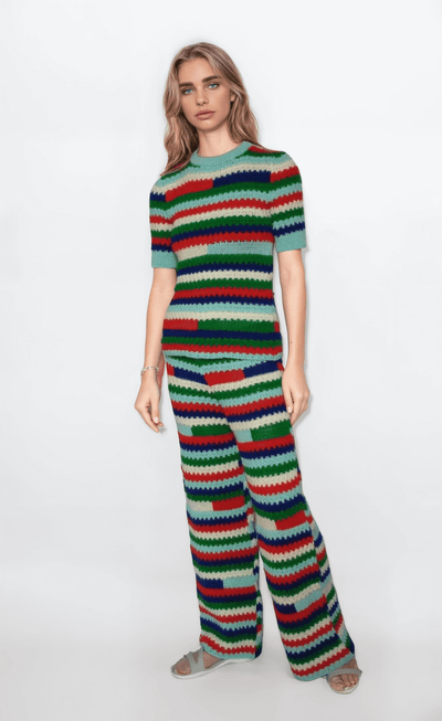 Multicolor striped two-piece pants set for women, featuring a knitted crochet design, perfect for summer outfits.