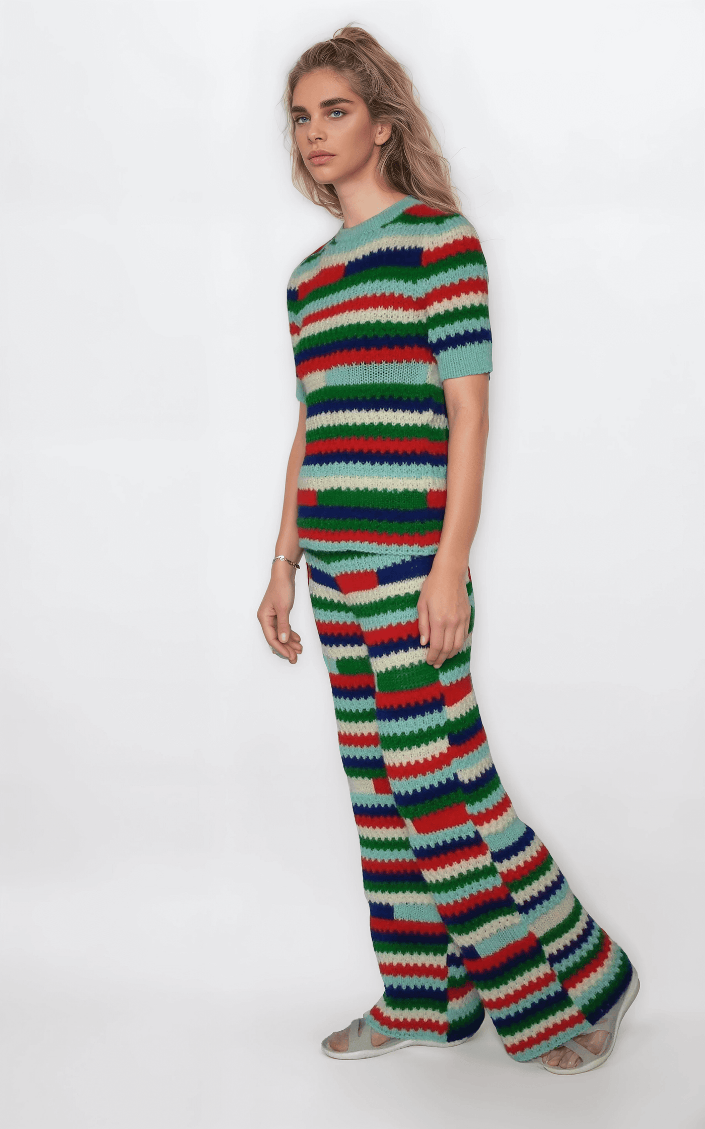 Multicolor striped two piece pants set for women featuring a knitted crochet design, perfect for summer style.
