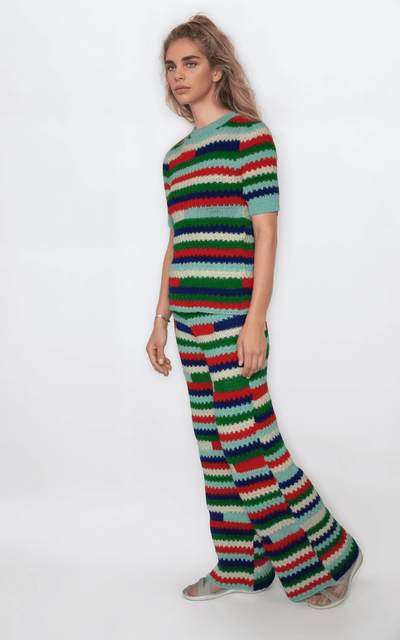 Multicolor striped two piece pants set for women featuring a knitted crochet design, perfect for summer style.