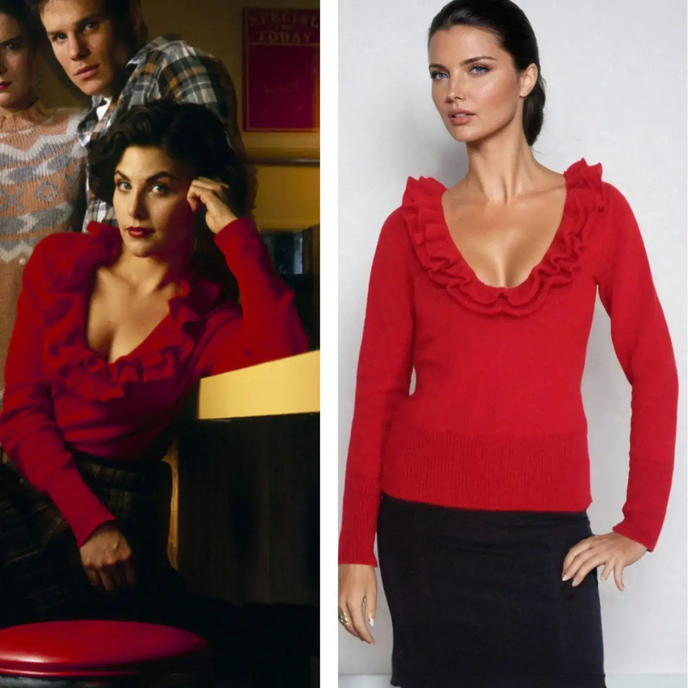 Audrey Horne inspired red ruffled sweater shown with model and character; perfect for Halloween or Twin Peaks fans.