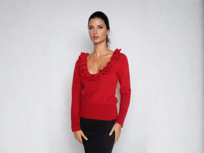 Twin Peaks Audrey Horne inspired red ruffled sweater, handmade, scoop neck, warm cable knit, perfect for Halloween outfits.pop of red