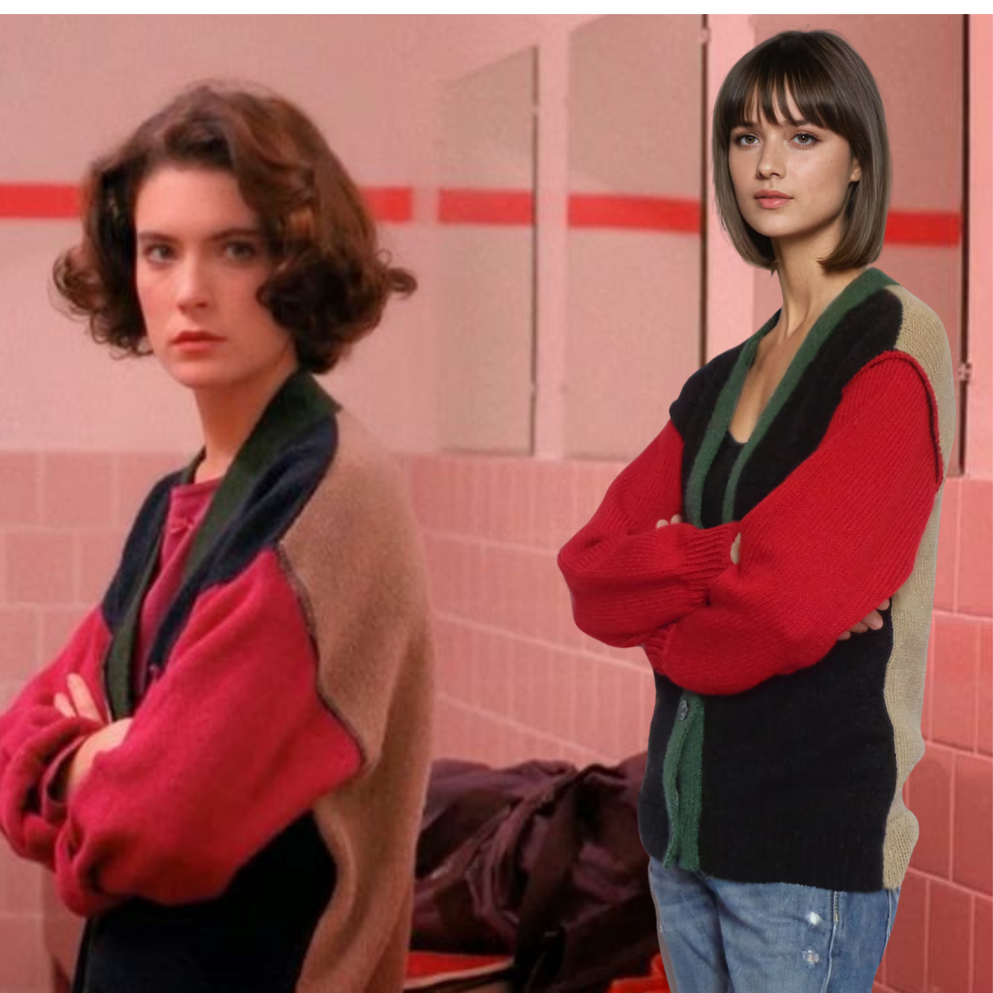 twin peaks color block cardigan celeebrity outfits