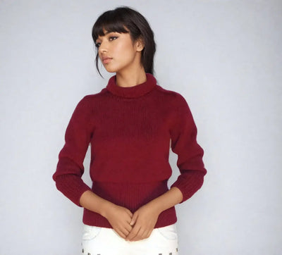 twin peaks fashion Burgundy red cropped sweater inspired by Audrey Horne from Twin Peaks, featuring a mock neck and vintage 90s style.