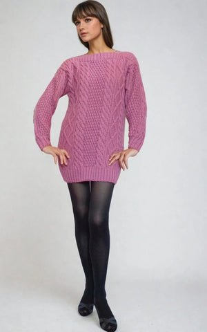 Women in a purple cable knit sweater dress inspired by Marilyn Monroe, showcasing a boat neck and long sleeves.