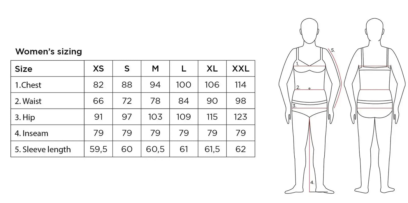 Women's sizing chart with measurements for chest, waist, hip, inseam, and sleeve length across sizes XS to XXL.